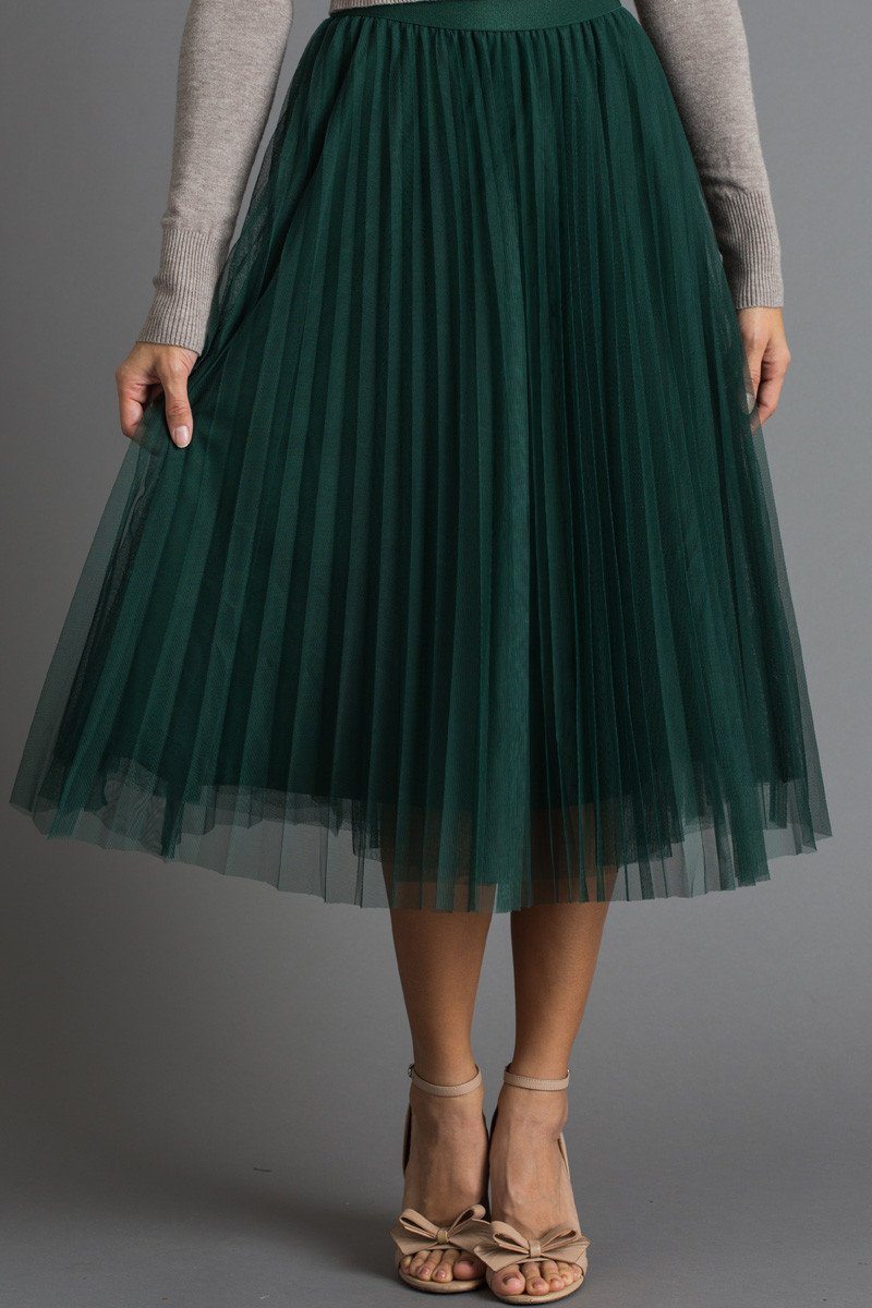 Vienna Green Pleated Tulle Midi Skirt Skirts Lucy Paris